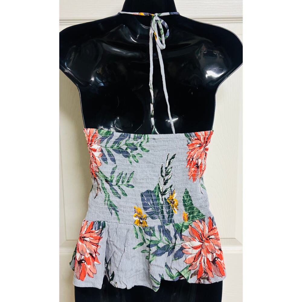 Patrons of Peace Floral Halter Top Gray Smocked Peplum Tie Back Size Medium New - Picture 4 of 9